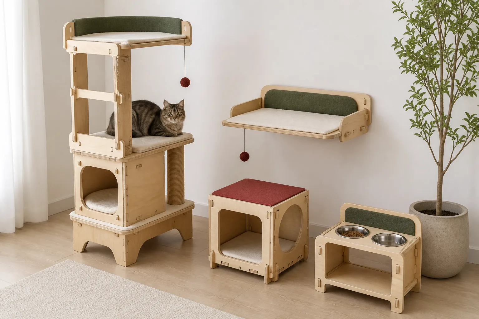 Development concept for modular wood cat furniture