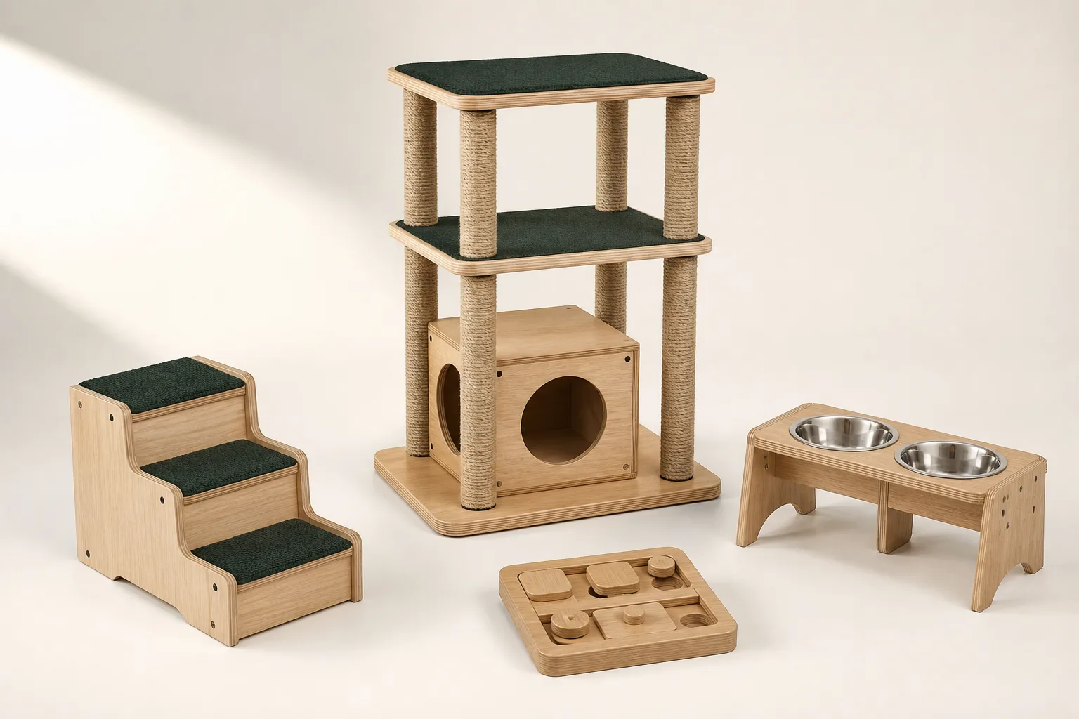 Wood pet furniture, feeding and enrichment product development concept